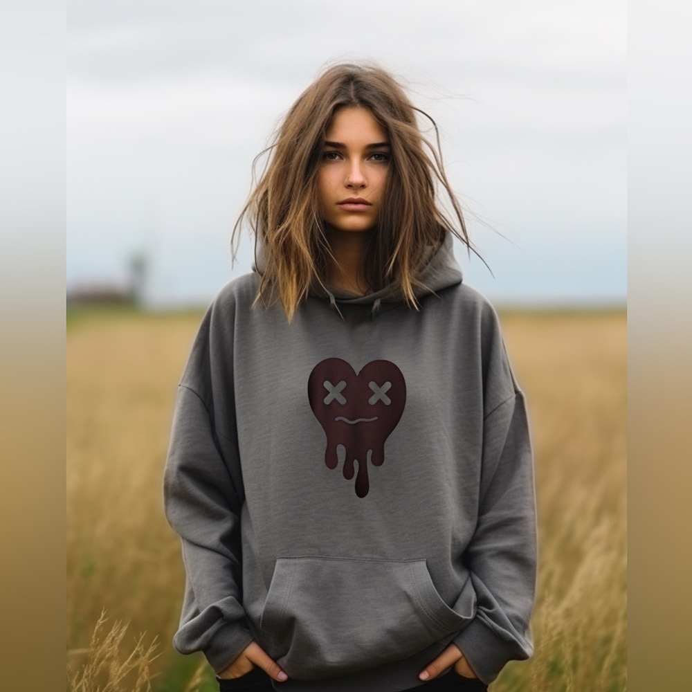 Tired Heart Hoodie – Cozy Pullover in Blue, Gray, or Black with Bold Heart Graph